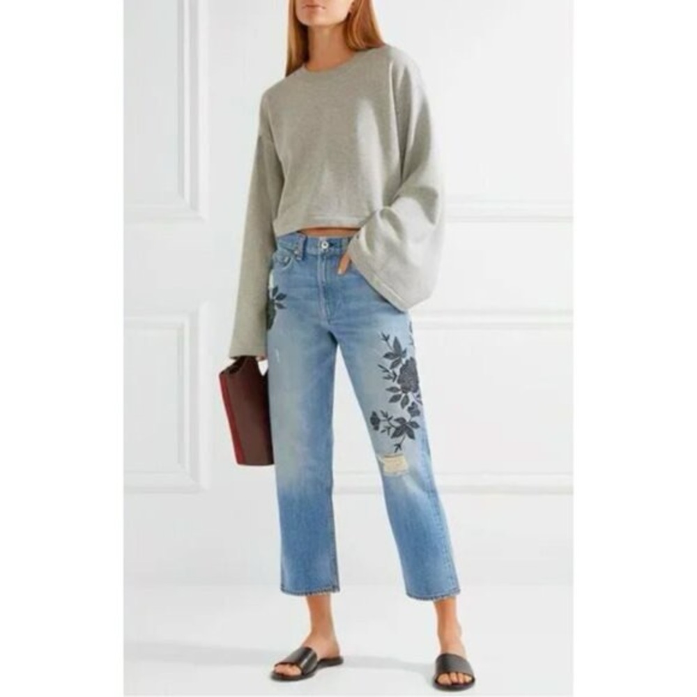 rag & bone Women's Straight Blue Jeans with Black Floral Embroidery